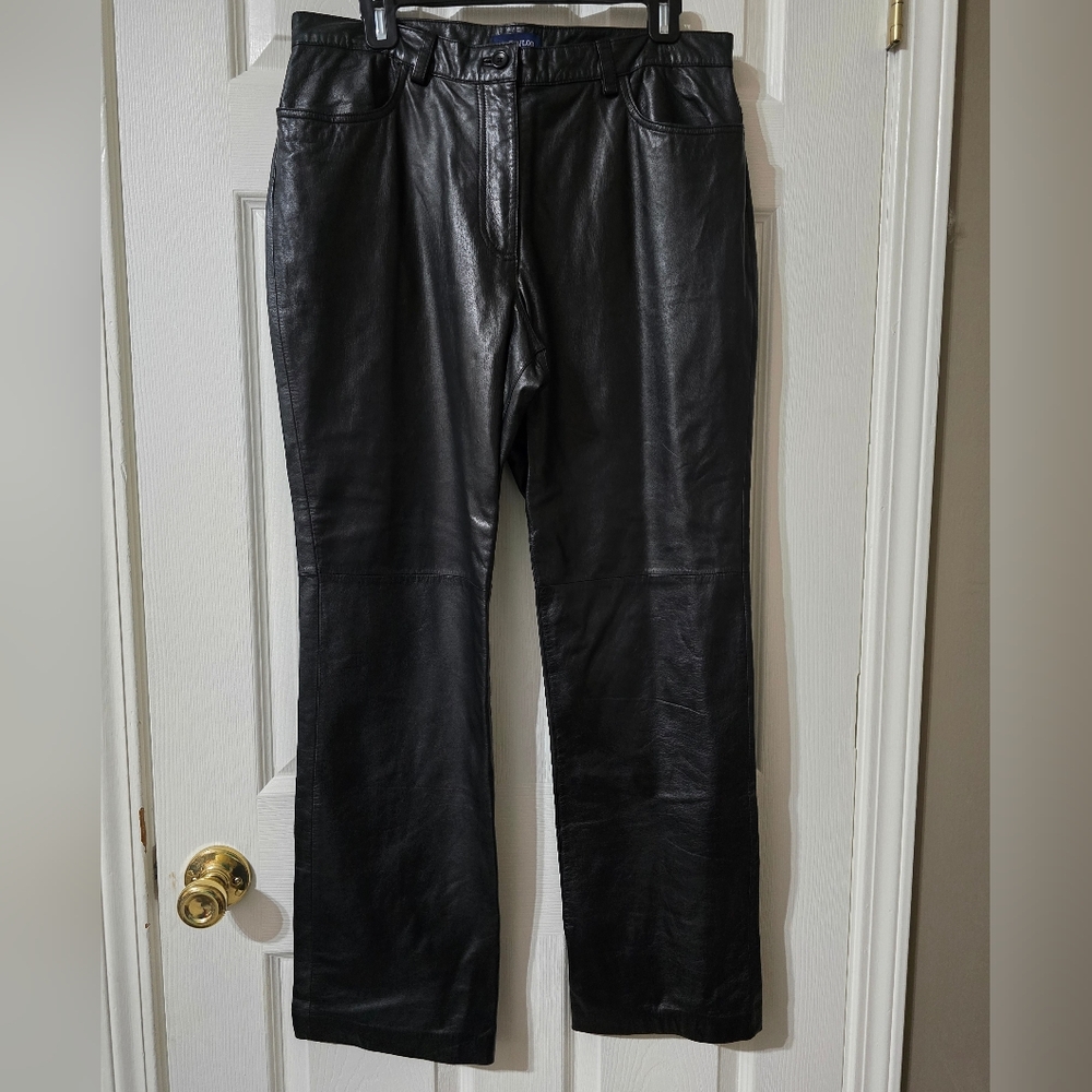 Vintage Ann Taylor 100% Genuine Leather High Rise Bootcut Pants, Black, Size 12.